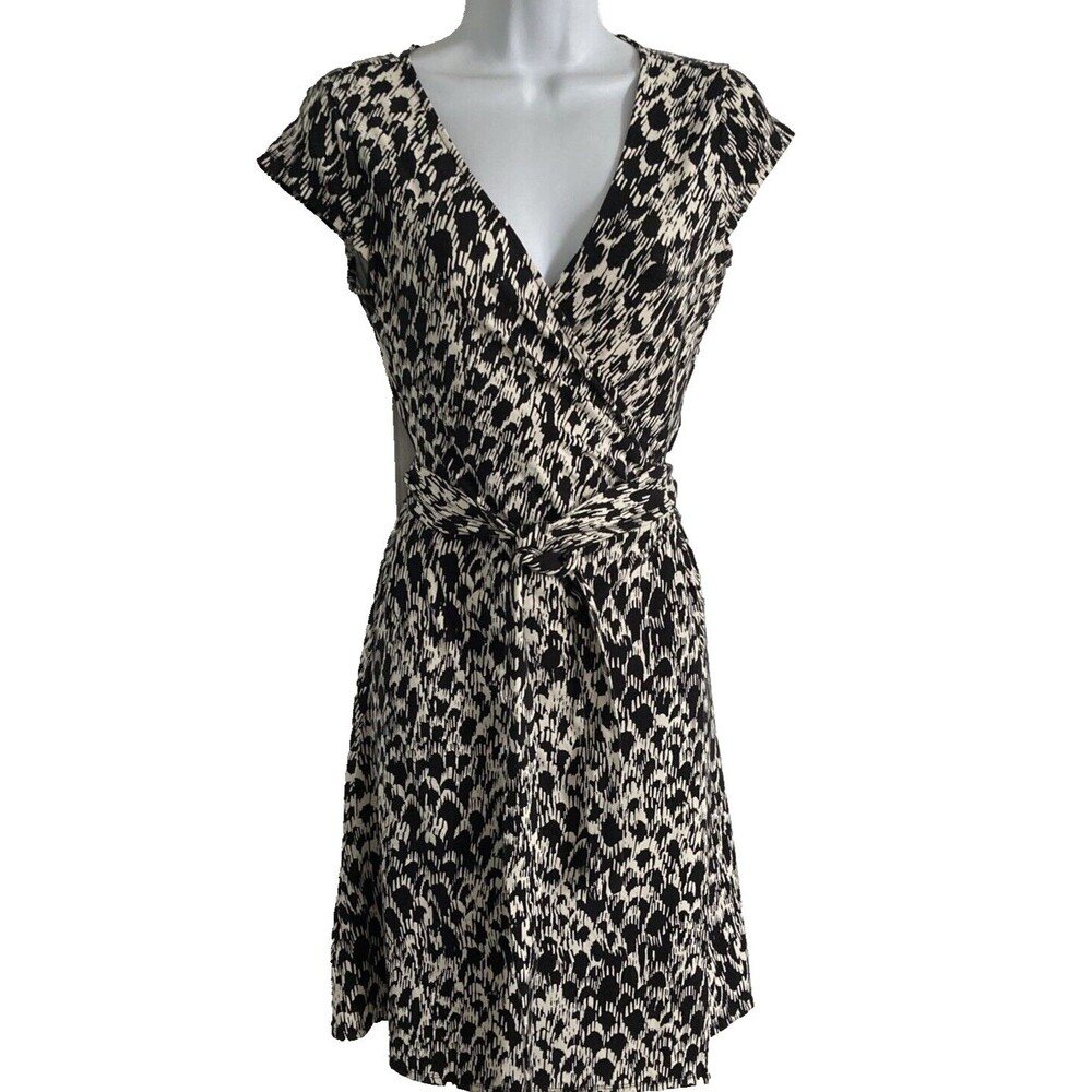 Ann Taylor Women's Wrap Dress Size XS Black & White Stretch V-Neck Cap Sleeves